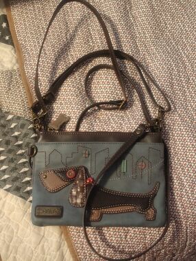 Chala Blue Dachshund Applique Crossbody with Brown Accents